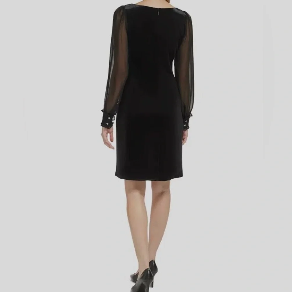 NWT Karl Lagerfeld Black Sheer-Sleeve Shift Dress - Picture 2 of 8